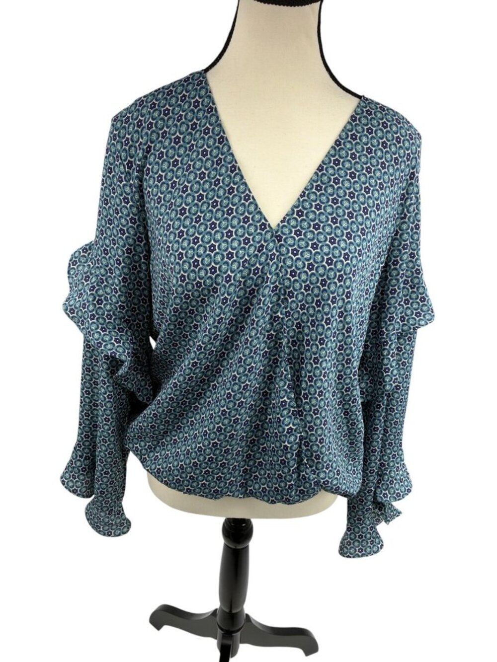Max Studio Womens L Teal Blue Geometric Ruffle Long Sleeve Faux Wrap Blouse Top